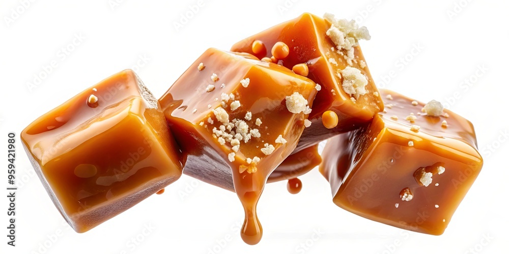 Flying salty caramel candy with salt crystals and caramel sauce drizzle isolated on white background Flying salty caramel candy with salt crystals and caramel sauce drizzle isolated on white background