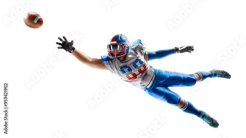 American football. Sportsman in action. Player catches the ball and flies in the air. Front view. Isolated on white background