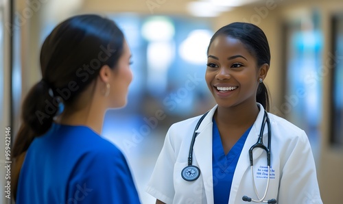 two medical practitioners having a discussion in a hospital