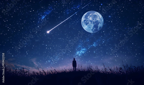 A lone figure stands in a field at night, looking up at a starry sky with a bright moon and a shooting star.