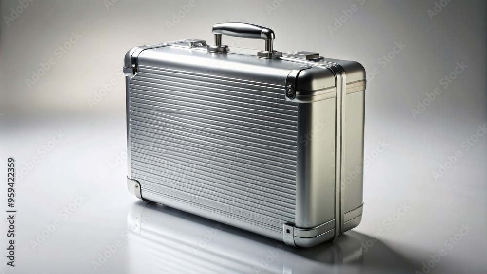 Fototapeta premium Silver metal suitcase with background, vacation luggage in perspective view, travel, trip, luggage, suitcase, baggage