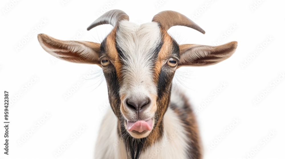 Funny goat with a long horn is looking at the camera, isolated Funny goat with a long horn is looking at the camera, isolated