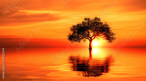 A single tree stands in the middle of a calm lake as the sun sets, casting an orange glow over the water.