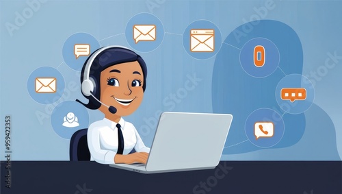 Customer Support Agent with Multichannel Communication Icons