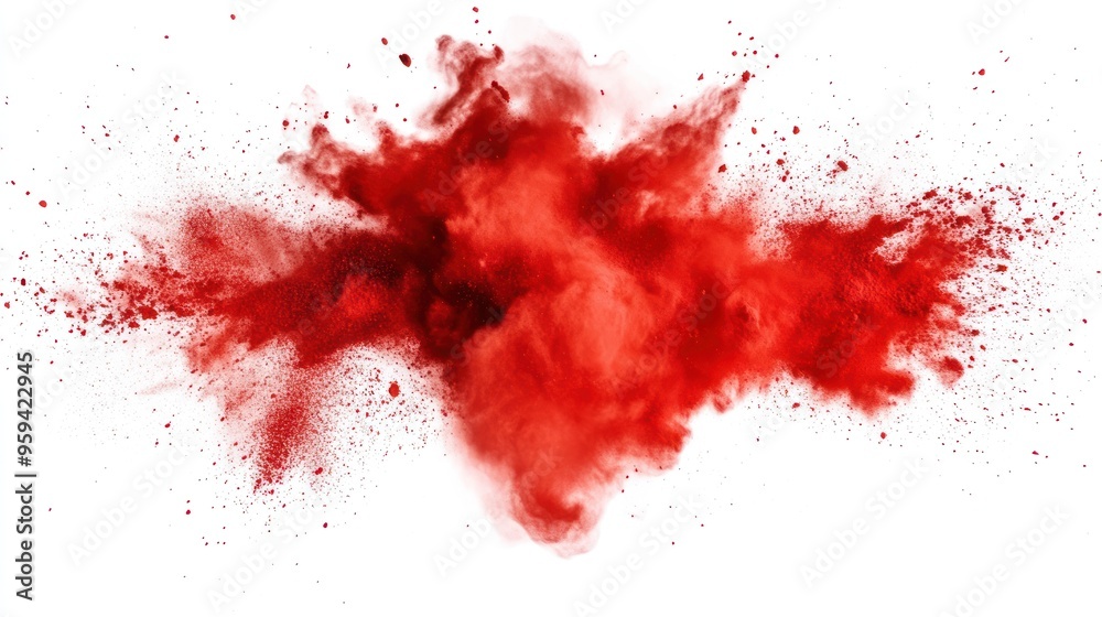 red color powder explosion on white background.