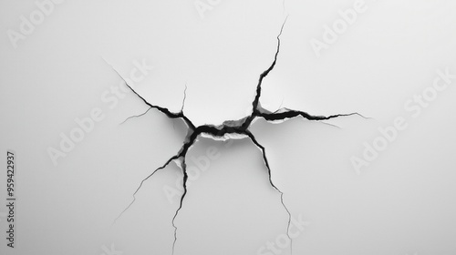 A close-up view of a prominent crack on a plain white wall, showcasing the intricate details and texture of the damage.