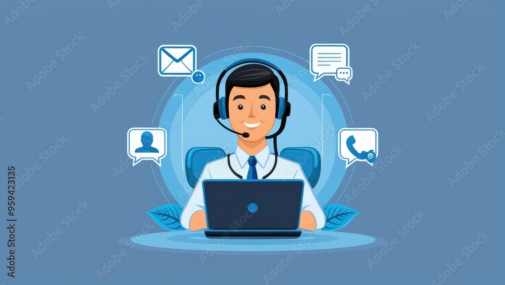 Customer Support Agent with Multichannel Communication Icons
