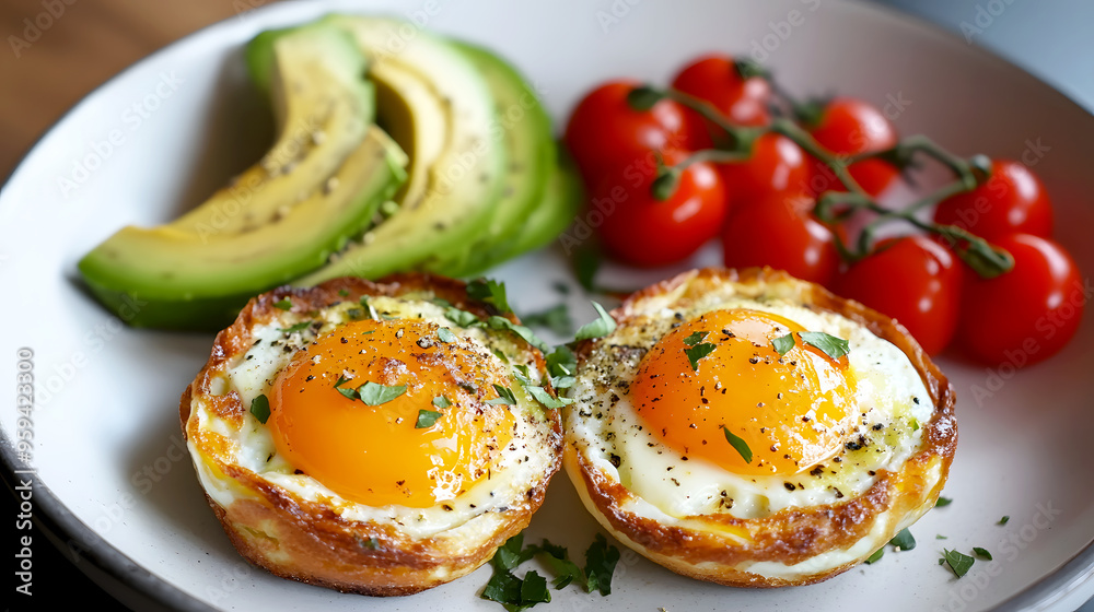 Beautifully baked cloud eggs, served with a side of avocado slices and cherry tomatoes Beautifully baked cloud eggs, served with a side of avocado slices and cherry tomatoes