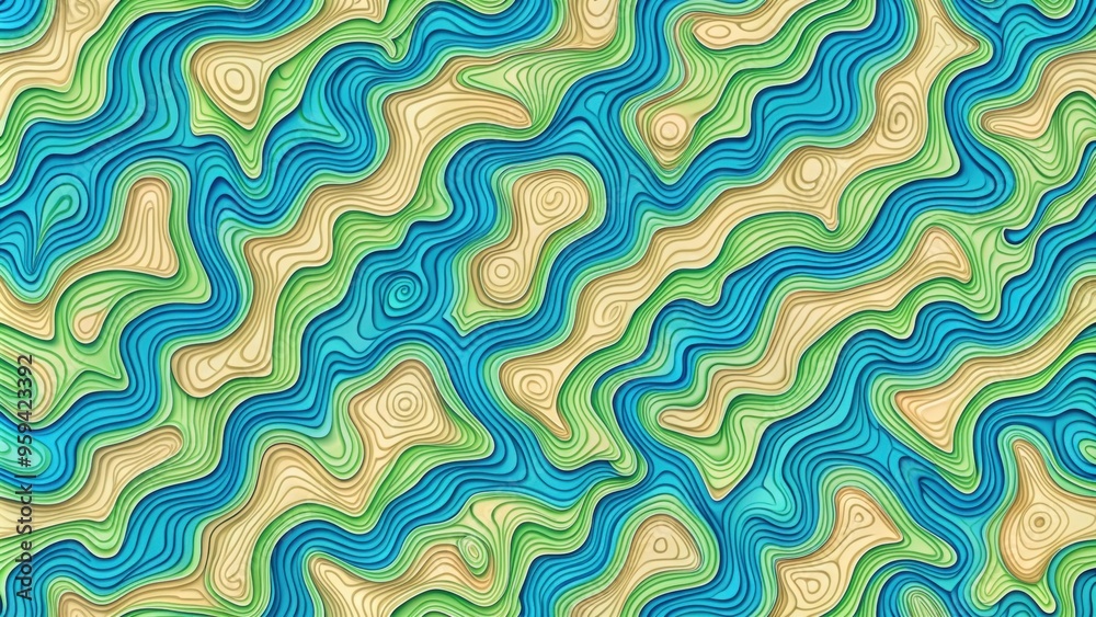 Fototapeta premium Colorful topographic map with seamless blue and green wave pattern on beige background, topographic, map, seamless, pattern