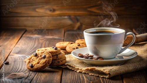 A cozy scene of a cup of coffee and cookies on a table, cozy, coffee, cookies, snack, treat, beverage, break, relaxation