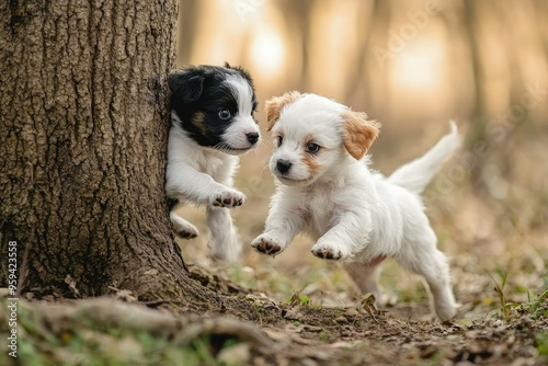 two puppies are playing by a tree in the woods