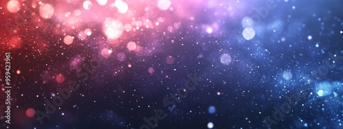 Abstract background with red and blue bokeh lights on a dark background.