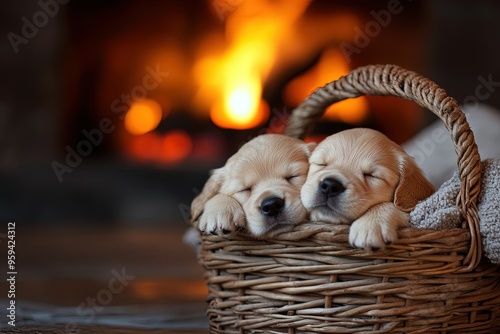 two puppies sleeping in a basket next to a fire place