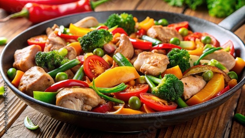 A close-up of a delicious stir-fry dish featuring tender chicken pieces and a colorful assortment of fresh vegetables , chicken