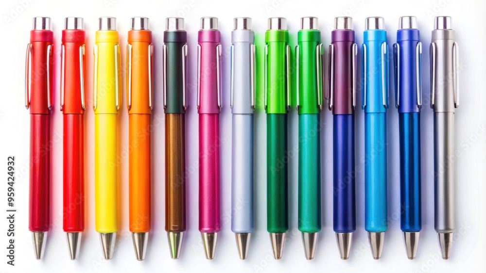 Back to school supplies set of ten pens isolated on background, back to school, supplies, pens, writing utensils Back to school supplies set of ten pens isolated on background, back to school, supplies, pens, writing utensils