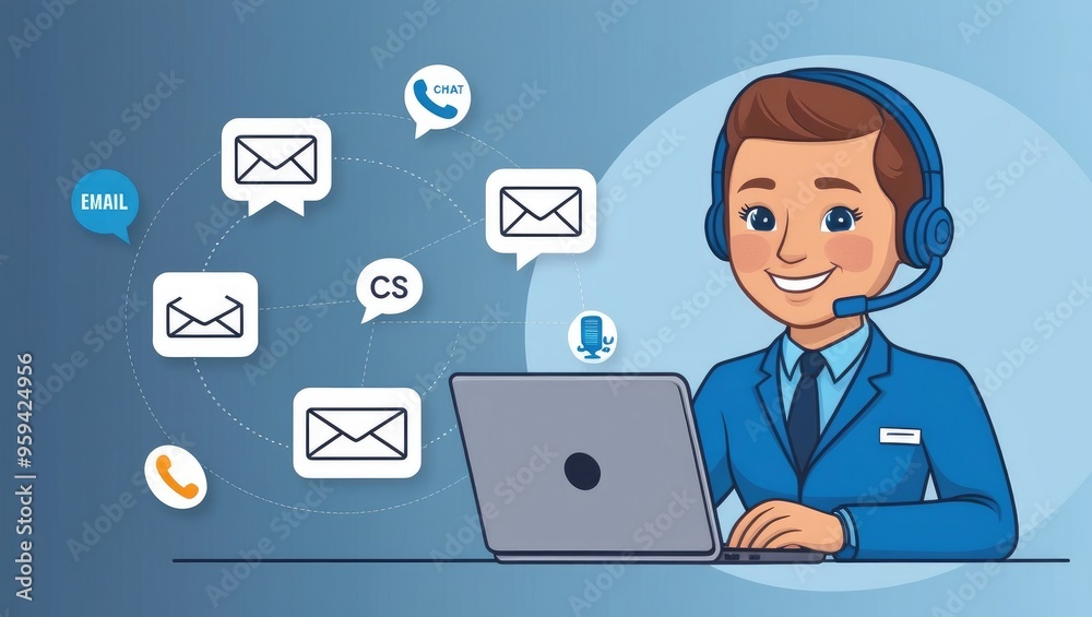 Customer Support Agent with Multichannel Communication Icons Customer Support Agent with Multichannel Communication Icons