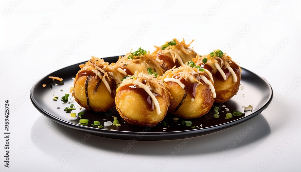 Takoyaki on black plate with white background isolated