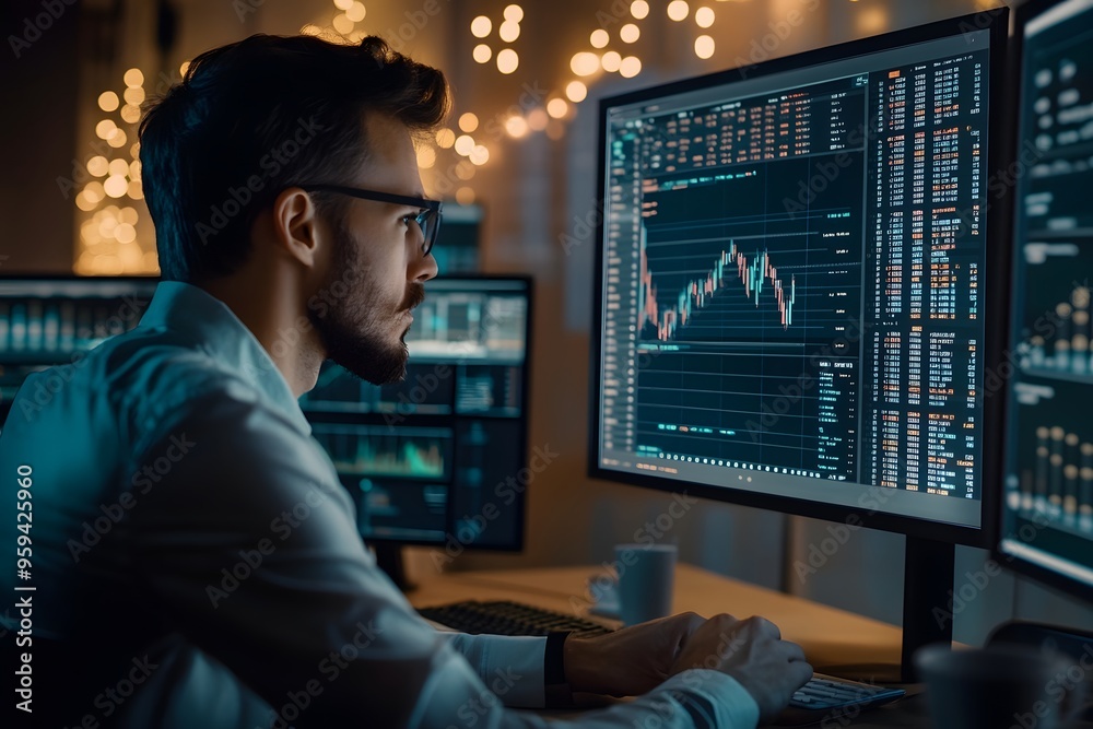 A Man Working Late at Night Analyzing Stock Market Data on Multiple Monitors A Man Working Late at Night Analyzing Stock Market Data on Multiple Monitors