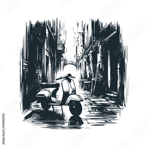  A scooter in a seedy alley. Black white vector illustration.