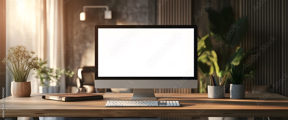 white blank computer screen on the desk of an aesthetic home office,workspace white blank computer screen on the desk of an aesthetic home office,workspace