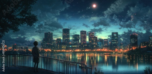 A contemplative figure stands near a tranquil river, admiring the vibrant skyline illuminated by city lights at dusk