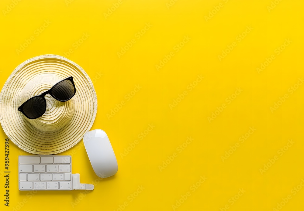 White computer keyboard, mouse and sunglasses on a yellow background White computer keyboard, mouse and sunglasses on a yellow background