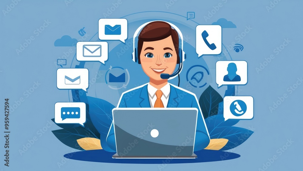 Customer Support Agent with Multichannel Communication Icons Customer Support Agent with Multichannel Communication Icons