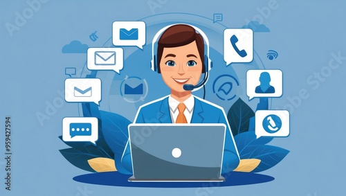 Customer Support Agent with Multichannel Communication Icons