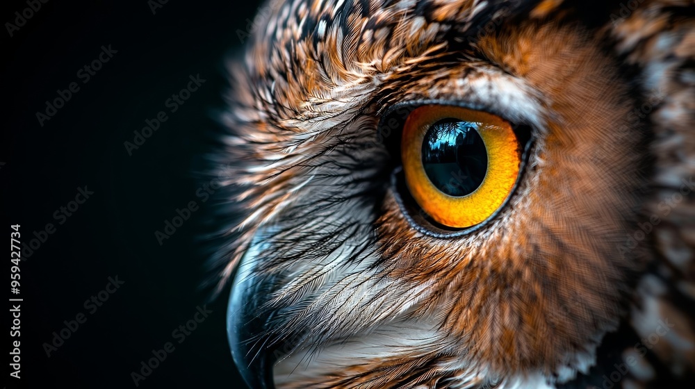 Macro shot of an owl's eye with vivid colors and intricate feather details surrounding it