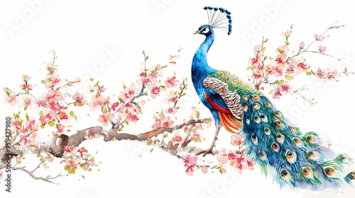 Watercolor drawing peacock on blooming tree branch on white background.