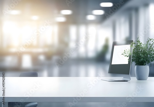 White desk with computer and office background blurred in the foreground,workspace