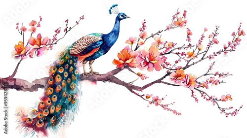 Watercolor drawing peacock on blooming tree branch on white background.