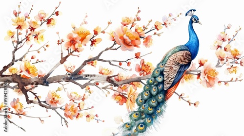 Watercolor drawing peacock on blooming tree branch on white background.