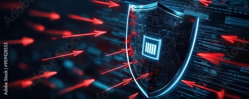 A digital knight s shield with a firewall design, standing firm against a barrage of cyberattacks represented by red digital arrows photo