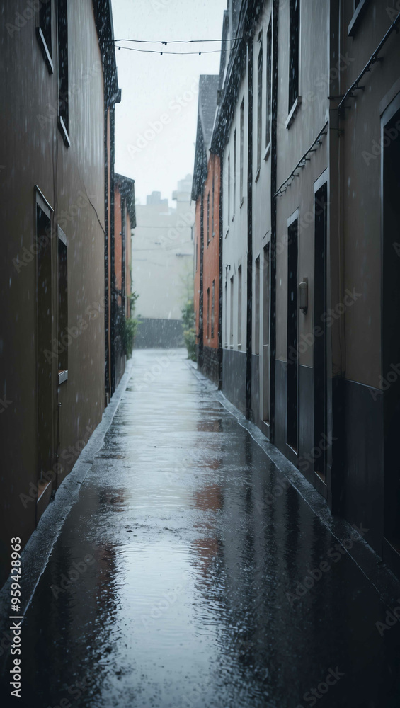Fototapeta premium rain falling softly in quiet alley background art design backdrop