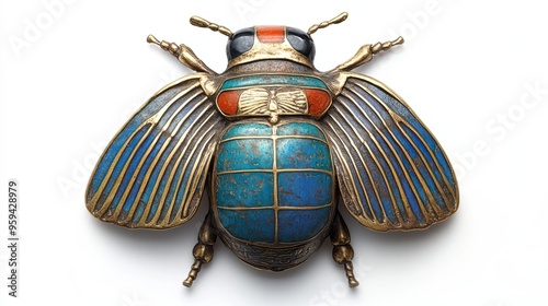 Ornate Bronze and Enamel Scarab Beetle Figurine photo