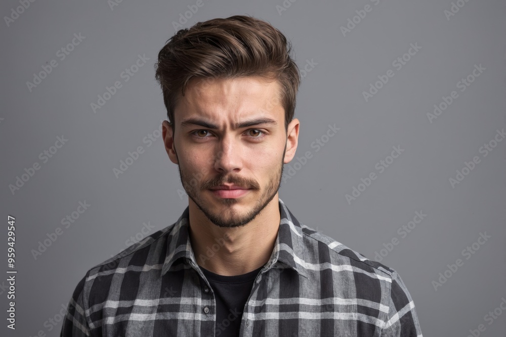 Young man in plaid shirt with serious expression in studio setting Young man in plaid shirt with serious expression in studio setting