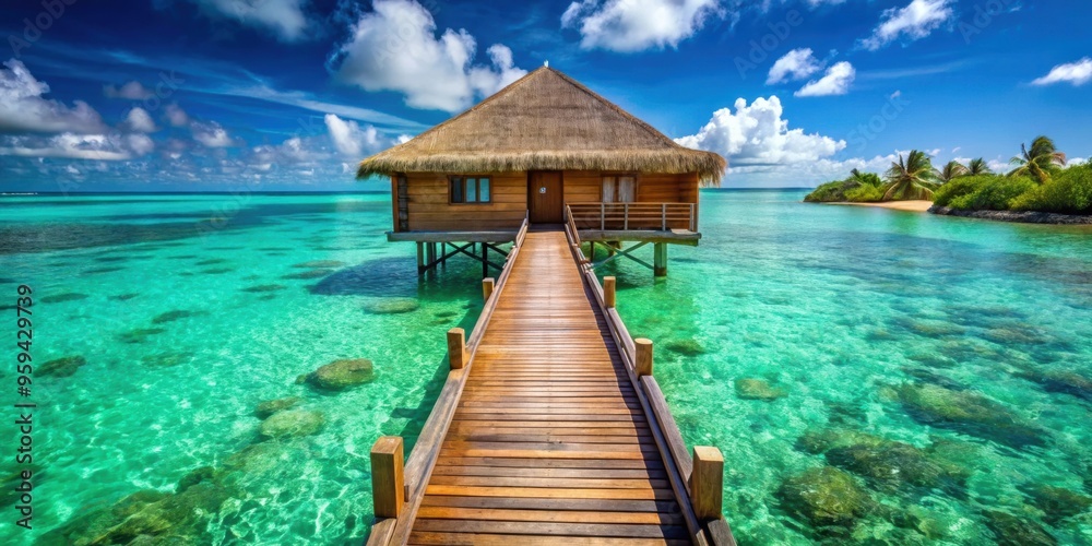 Overwater bungalow with steps leading into stunning green lagoon, luxury, tropical, travel, vacation, paradise, getaway Overwater bungalow with steps leading into stunning green lagoon, luxury, tropical, travel, vacation, paradise, getaway