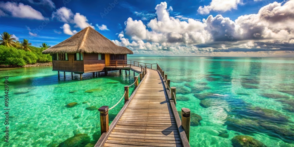 Overwater bungalow with steps leading into a stunning green lagoon, paradise, luxury, tropical, vacation, getaway, exotic Overwater bungalow with steps leading into a stunning green lagoon, paradise, luxury, tropical, vacation, getaway, exotic