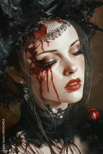 Stunning vampire lady with elegant features, pale skin, and dark, mesmerising eyes, exuding a mysterious and captivating allure, vertical image