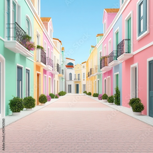 Vibrant street with colorful buildings, balconies, and potted plants on a sunny day. Perfect example of picturesque architecture.