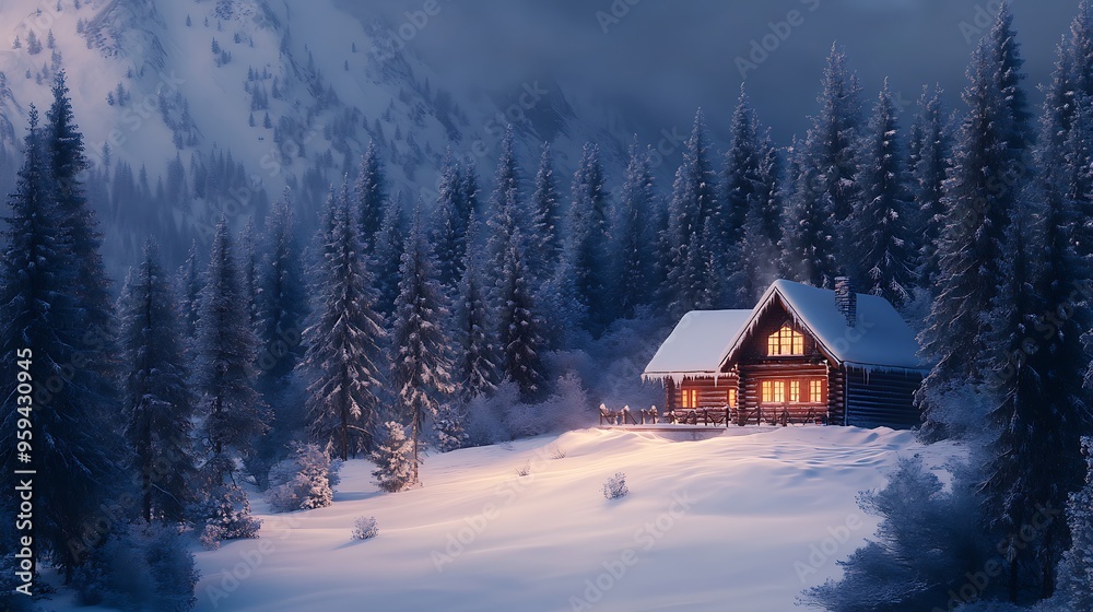 Snow-covered forest with a cozy cabin in the valley, warm light glowing from the windows, surrounded by tall pine trees, creating a peaceful winter scene Snow-covered forest with a cozy cabin in the valley, warm light glowing from the windows, surrounded by tall pine trees, creating a peaceful winter scene