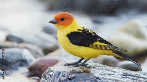 Yellow rumped Warbler Bird Perched on Rock photo