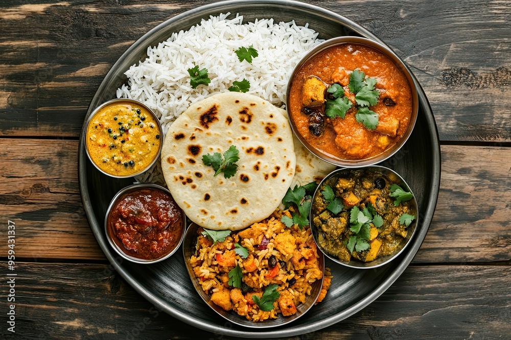 North indian thali top view. Roti, pappad rice and variety of curries in a mea North indian thali top view. Roti, pappad rice and variety of curries in a mea