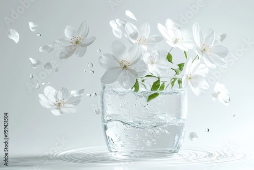 White flowers in a glass vase with water drops and flying petals