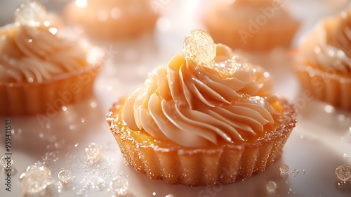 Elegant Presentation of Caramel Tart with Delicate Sugarwork and Soft Lighting photo