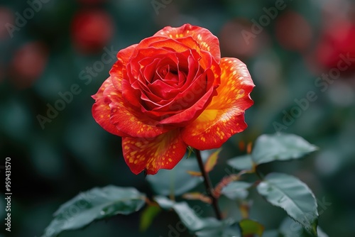 Red garden roses with yellow patterns blooming in Bandung.