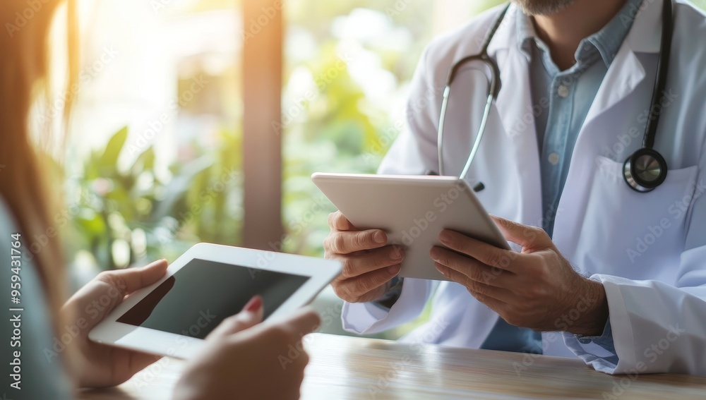 A doctor in a white coat uses a digital tablet to discuss medical information with a patient. A doctor in a white coat uses a digital tablet to discuss medical information with a patient.