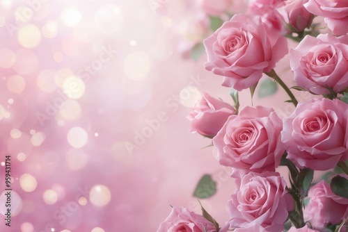 border of pink rose flowers on pink bokeh background