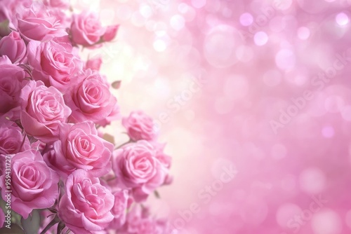 border of pink rose flowers on pink bokeh background